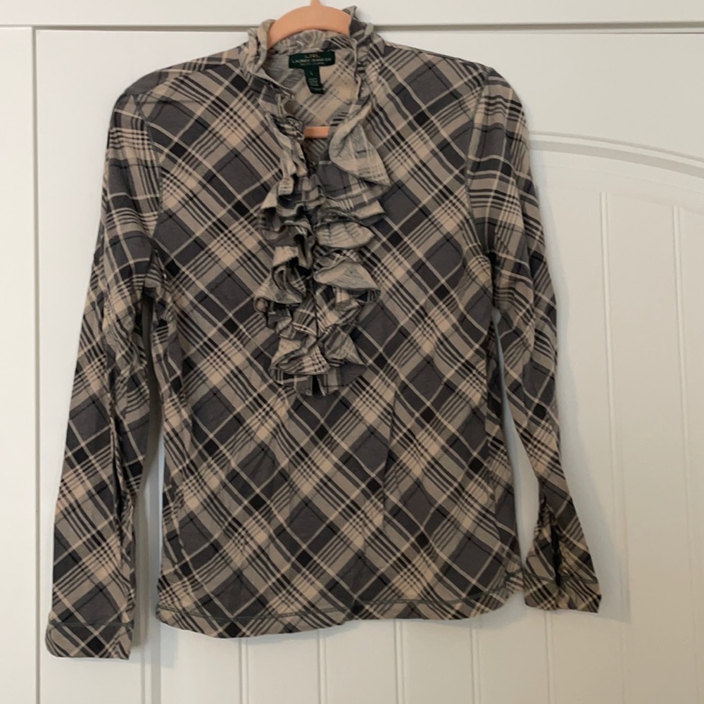 Lauren Jeans Co | Grey & Tan Ruffle Blouse